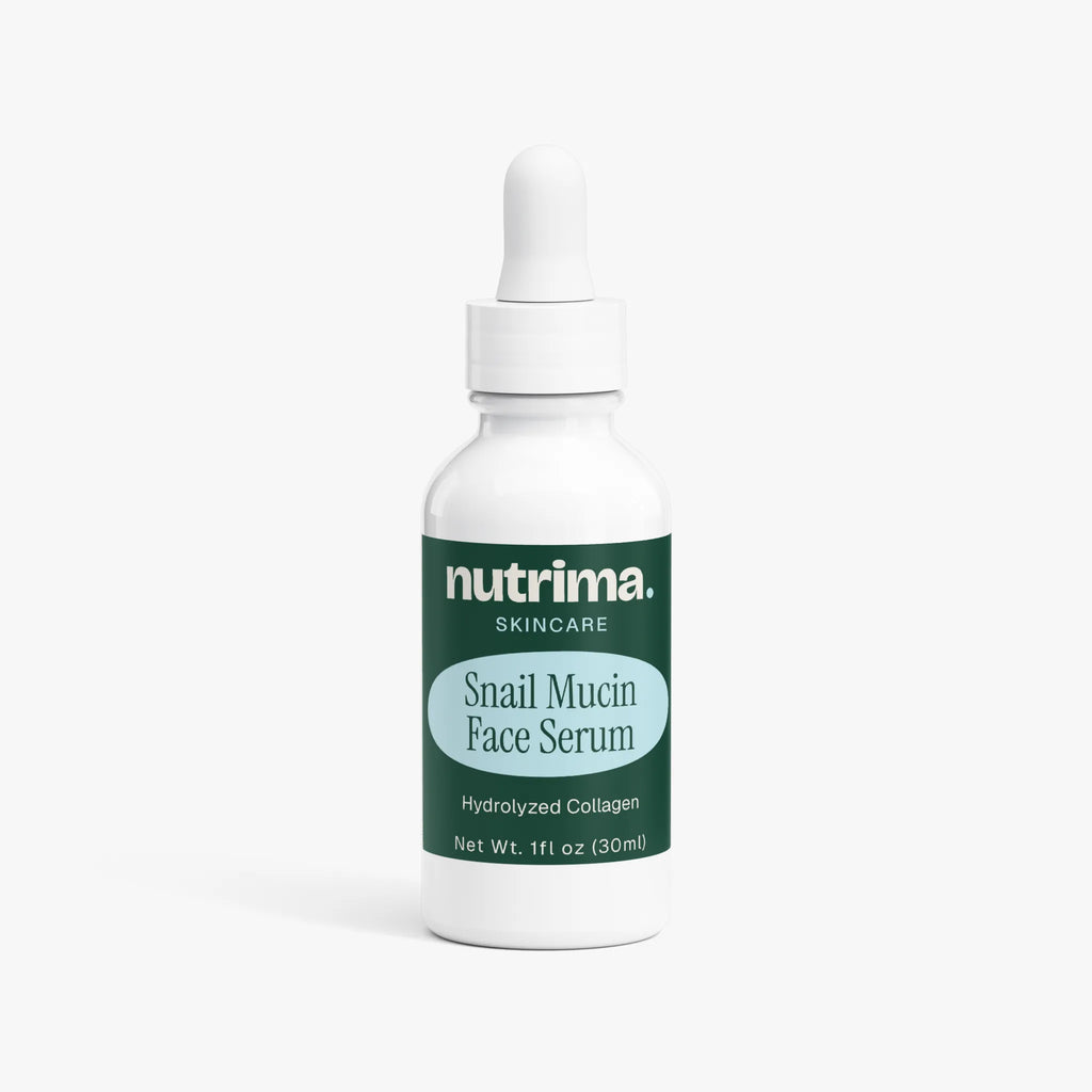 White dropper bottle of Snail Mucin Face Serum by nutrima, featuring a green label, on a clean background.