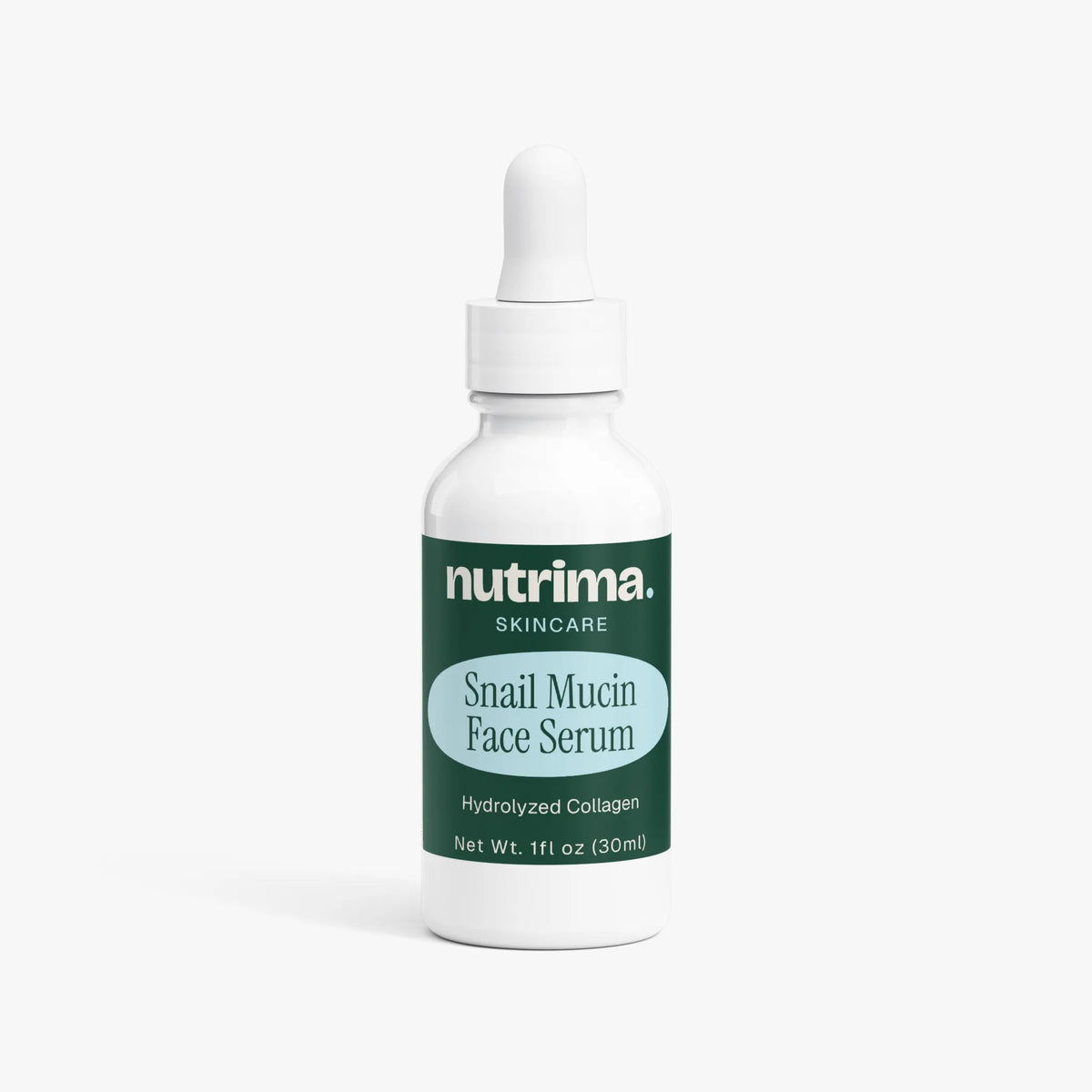 White dropper bottle of Snail Mucin Face Serum by nutrima, featuring a green label, on a clean background.