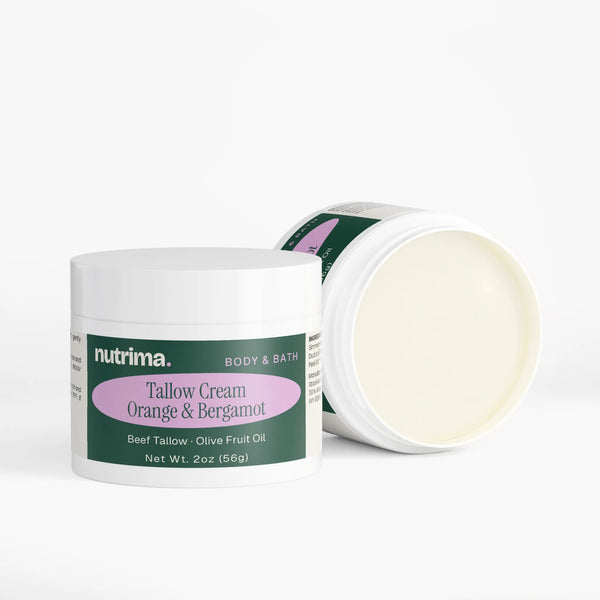 Tallow Cream Orange & Bergamot in a white jar, showcasing a smooth surface and label details, by nutrima.
