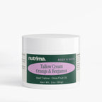 Tallow Cream Orange & Bergamot in a white jar with a lavender label, showcasing its nourishing formula by nutrima.