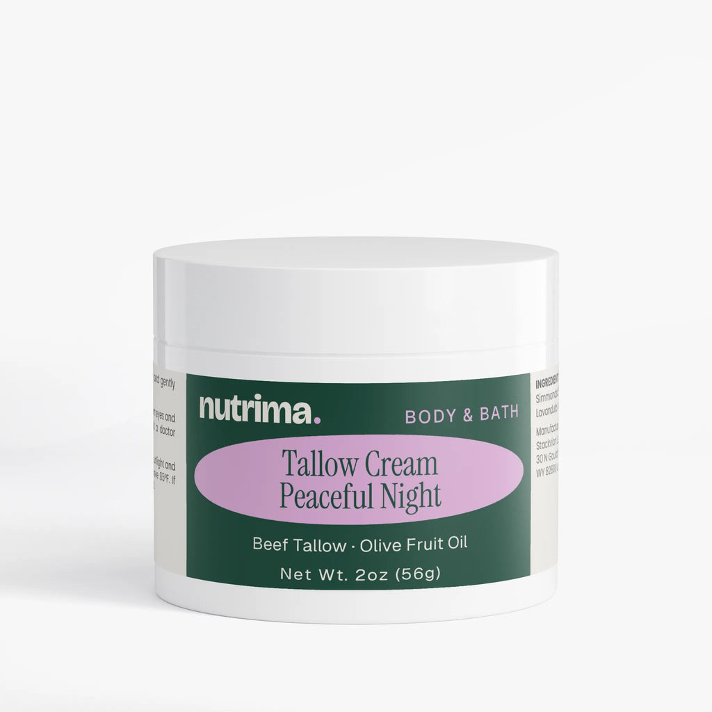 Tallow Cream Peaceful Night in a white jar with lavender label, featuring ingredients like beef tallow and olive oil by nutri