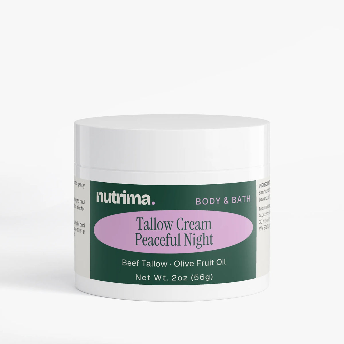 Tallow Cream Peaceful Night in a white jar with lavender label, featuring ingredients like beef tallow and olive oil by nutri