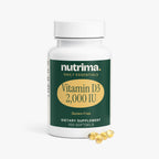 White bottle of Vitamin D3 2,000 IU softgels with a green label showcasing allergen info, by nutrima.