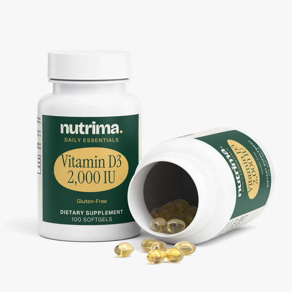 Softgels spilling from the bottle of Vitamin D3 2,000 IU, highlighting its green and white packaging by nutrima.