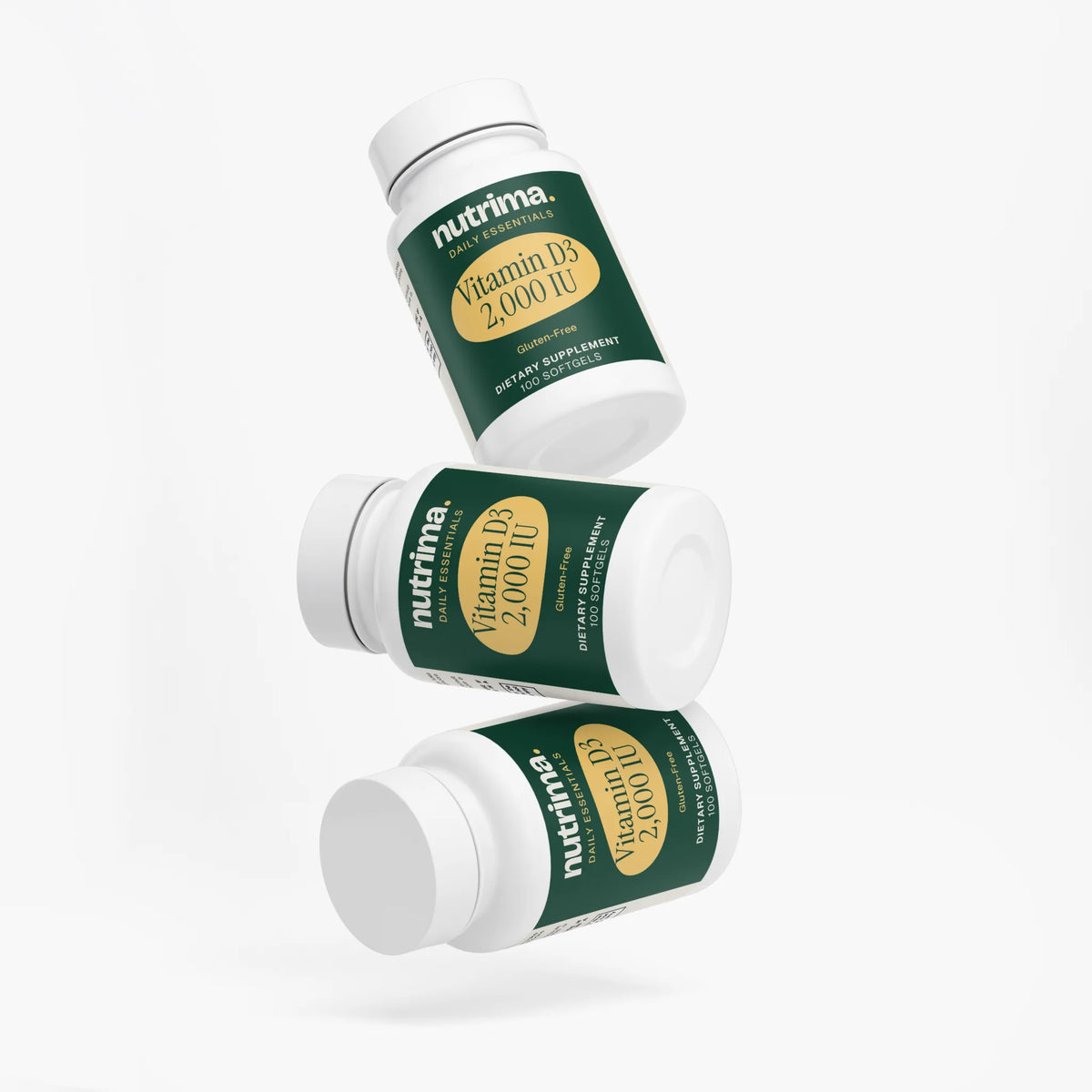 Three floating bottles of Vitamin D3 2,000 IU softgels showcasing vibrant green and yellow packaging by nutrima.