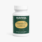 White bottle of Vitamin D3 2,000 IU with green label, containing 100 gluten-free softgels by nutrima.