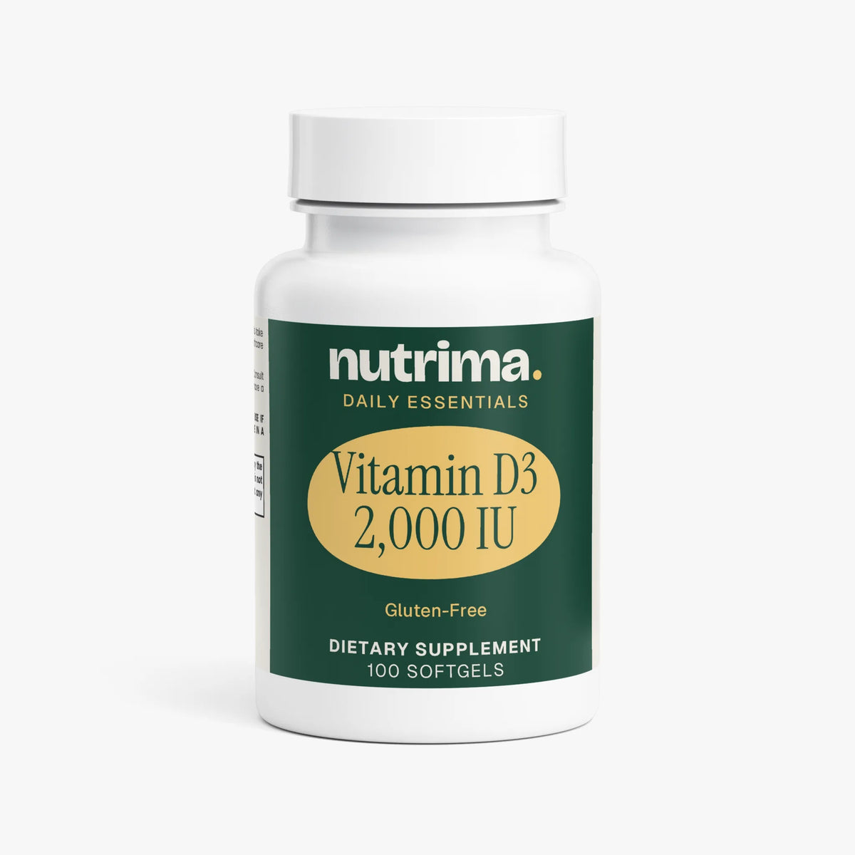 White bottle of Vitamin D3 2,000 IU with green label, containing 100 gluten-free softgels by nutrima.