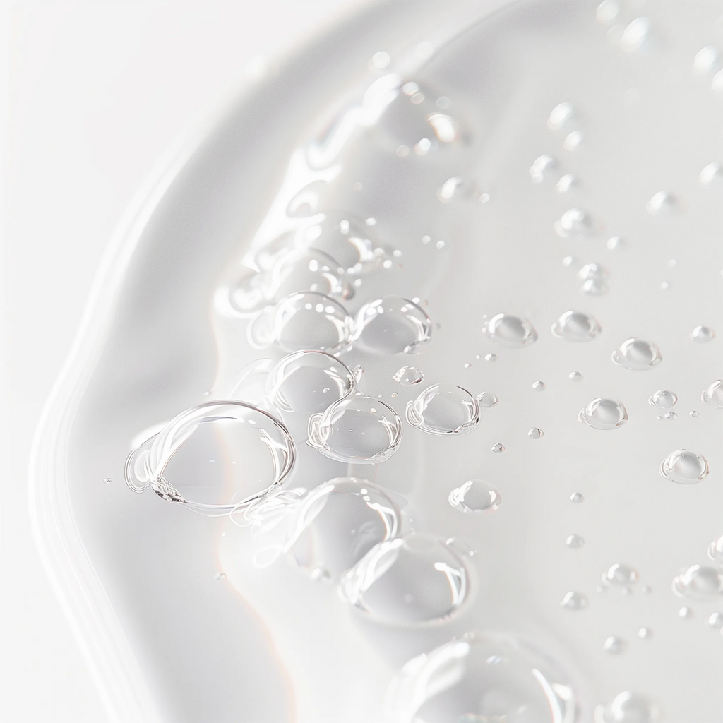 Close-up of clear water droplets creating a fresh look, highlighting Witch Hazel Pore Perfecting Toner by nutrima.