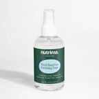 Clear spray bottle of Witch Hazel Pore Perfecting Toner featuring a dark green label and white cap by nutrima.